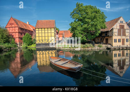 The Old Town in Aarhus is popular among tourists as it displays traditional Danish architecture from 16th century to 19th century. Stock Photo