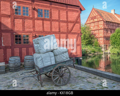 The Old Town in Aarhus is popular among tourists as it displays traditional Danish architecture from 16th century to 19th century. Stock Photo