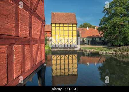 The Old Town in Aarhus is popular among tourists as it displays traditional Danish architecture from 16th century to 19th century. Stock Photo