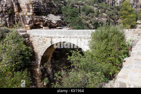 A view of the Roman Oluklu bridge that crosses Koprulu Canyon.  Koprulu Canyon is a National Park in the province of Antalya, south western Turkey. Stock Photo