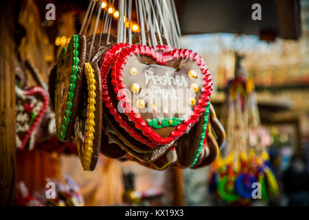 German Lebkuchen cookies for sale in a Christmas market stall Stock Photo