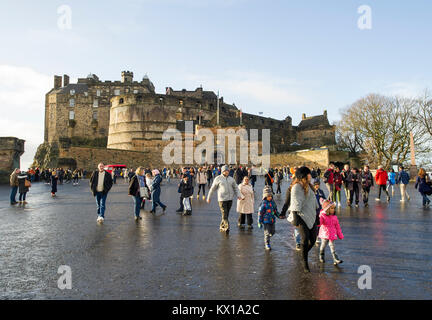 Visitors come and go on the Esplanade at Edinburgh Castle during the New Year holiday January 2018.