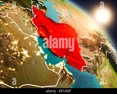 Sunset above Iran from space on planet Earth with visible country borders. 3D illustration. Elements of this image furnished by NASA. Stock Photo