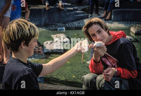 Young German boy in town square with pet rat. Stock Photo