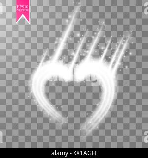 Happy Valentines Day greeting card. I Love You. 14 February. Holiday background with two hearts with arrow, light, stars on transparent background. Vector Illustration Stock Vector