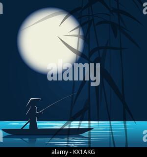 Fisherman in a boat at full moon night. Vector illustration. Stock Vector