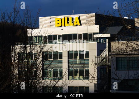 PRAGUE, CZECH REPUBLIC - JANUARY 6: BILLA company logo in front of supermarket from German Rewe group on January 6, 2018 in Prague, Czech Republic. Stock Photo