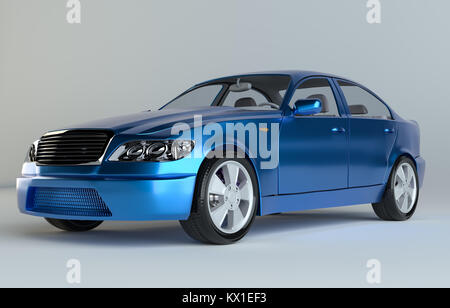 Three-Dimensional Blue Sedan Studio Shot Stock Photo