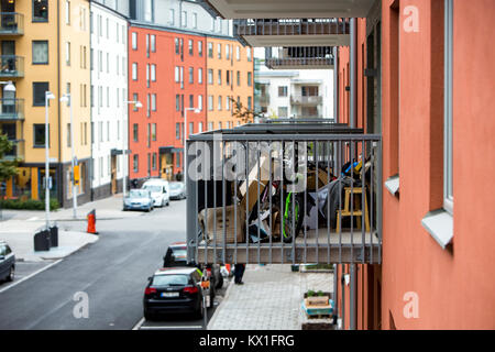 If you live crowded, you sometimes need to use the balcony as a storage room, Solna, Sweden Stock Photo