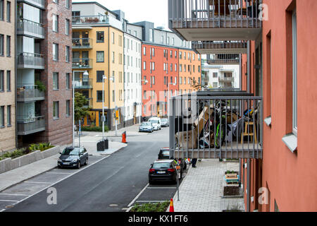 If you live crowded, you sometimes need to use the balcony as a storage room, Solna, Sweden Stock Photo