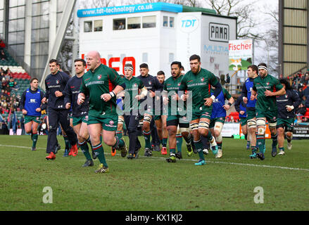 Leicester, UK. 5th Jan, 2018. Dan Cole leads the Tigers team run before the Aviva Premiership round13 game between Leicester Tigers and London Irish rfc at the Welford Road Stadium. Credit: Phil Hutchinson/Alamy Live News Stock Photo