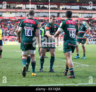 Leicester, UK. 5th Jan, 2018. Captain George Ford congratulates Matt Toomua after scoring Tigers first try during the Aviva Premiership round13 game between Leicester Tigers and London Irish rfc at the Welford Road Stadium. Credit: Phil Hutchinson/Alamy Live News Stock Photo