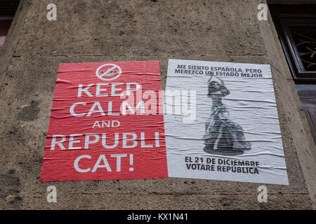 Barcelona, catalonia, Spain. 6th Jan, 2018. Several election posters on the wall of one of the streets of Ciutat Vella in Barcelona.Since 2 December 2013 when the catalan Government chaired by Artur Mas carry on the question to a future referendum on independence in Catalonia, streets, balconies, and the walls of the city of Barcelona has provided space for communication among political blocs. Aspirations of freedom, independence, identity, have spread as slogans throughout the city of Barcelona Credit: SOPA/ZUMA Wire/Alamy Live News Stock Photo