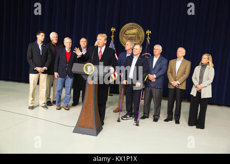 United States President Donald J. Trump makes remarks to the media at Camp David, the presidential retreat near Thurmont, Maryland after holding meetings with staff, members of his Cabinet and Republican members of Congress to discuss the Republican legislative agenda for 2018 on January 6, 2018. Pictured from left to right: US Senate Majority Whip John Cornyn (Republican of Texas); Speaker of the US House of Representatives Paul Ryan (Republican of Wisconsin); Mike Pompeo Director, Central Intelligence Agency (CIA); US Senate Majority Leader Mitch McConnell (Republican of Kentucky); US Vice Stock Photo