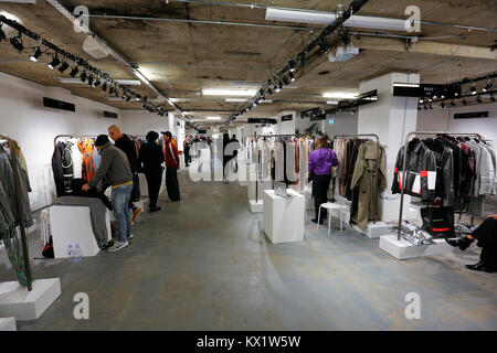London, UK. 06th Jan, 2018. 6th January 2018 Day one at London Fashion Week AW18 people leaving British Fashion Council Show Space after catwalk show.  Press, buyers, influencers access only. Next season trends being presented to selected public only. Credit: catwalking/runways/Alamy Live News Stock Photo