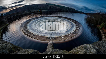 A fisheye lens view of one of the Plug Holes, also known as the bell mouth, at Ladybower Reservoir, Derbyshire Stock Photo