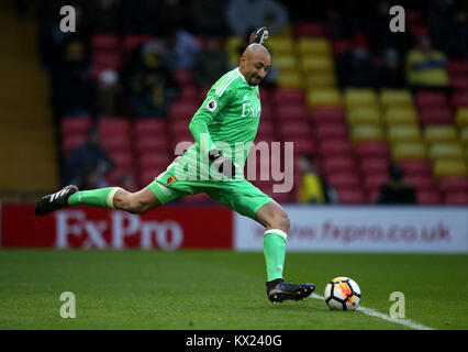 Watford's Heurelho Gomes in action during the FA Cup, third round match at Vicarage Road, Watford.PRESS ASSOCIATION Photo. Picture date: Saturday January 6, 2018. See PA story SOCCER Watford. Photo credit should read: Steven Paston/PA Wire. RESTRICTIONS: No use with unauthorised audio, video, data, fixture lists, club/league logos or 'live' services. Online in-match use limited to 75 images, no video emulation. No use in betting, games or single club/league/player publications. Stock Photo