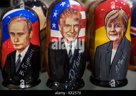 Russian, American, German leaders depicted on traditional dolls - Matryoshka in souvenir kiosk in Moscow, Russia Stock Photo