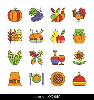 Thanksgiving day thin line icon set. Vector linear symbol pack. Outline sign color fill. Editable stroke. Family diner sign pumpkin, turkey, fruit, le Stock Vector