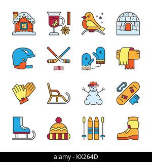 Winter activity, sport, outdoor, season childrens game, clothe, footwear, fun thin line color fill icon set. Vector linear symbol pack outline sign ed Stock Vector