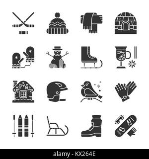 Winter activity, sport, outdoor black filled silhouette icon set. Cute season childrens game, clothe, footwear, fun childrens game, clothe, footwear.  Stock Vector