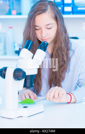 schoolgirl in a class of biology is studying a green plant Stock Photo