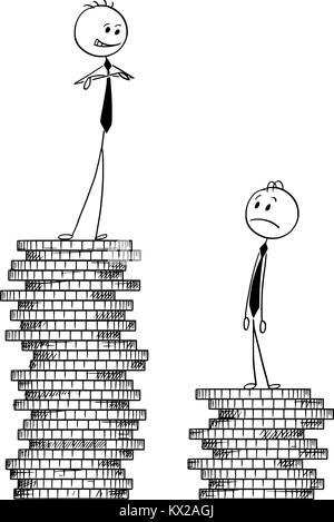 Cartoon stick man drawing conceptual illustration of two businessmen standing on coin piles, one higher, one lower. Concept of business success and co Stock Vector