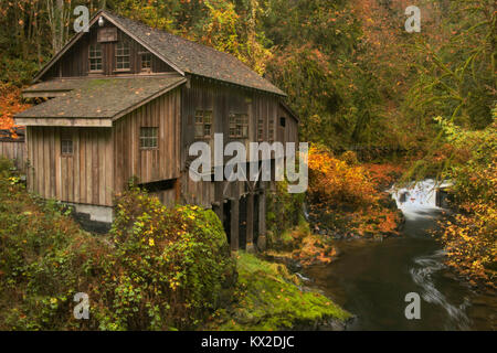 Cedar Creek rushes through a narrow gorge and autumn colors around the Historic Cedar Creek Grist Mill (1876) in Washington’s Clark County. Stock Photo