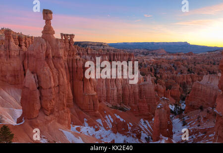 Sunrise over the hoodoos in Bryce Canyon National Park, Utah, United States, in winter. Stock Photo
