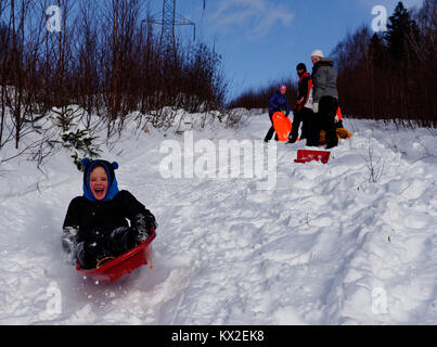 A laughing 5 yr old boy speeding on a sledge while the rest of the family look on Stock Photo