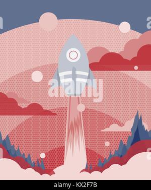 Poster design with a rocket flying to outer space Stock Vector