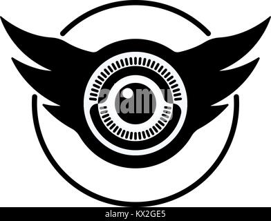 Eye and wings shaped logo on white background.. Wings shaped camera icon. Stock Vector
