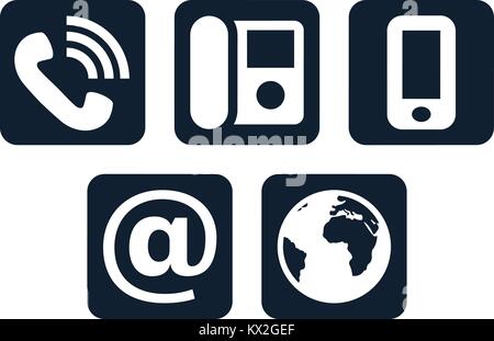 Contact icons on white background. Square shaped communication symbols. Stock Vector