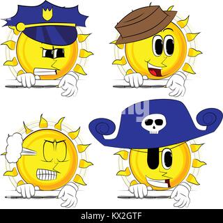 Cartoon sun zipping a banner. Collection with costume. Expressions vector set. Stock Vector