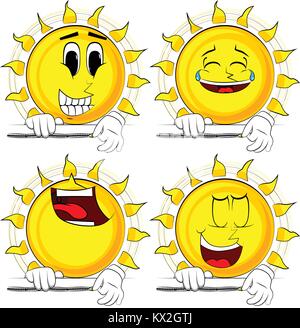 Cartoon sun zipping a banner. Collection with happy faces. Expressions vector set. Stock Vector