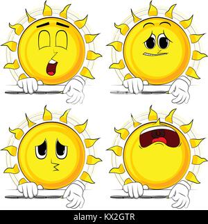 Cartoon sun zipping a banner. Collection with sad faces. Expressions vector set. Stock Vector