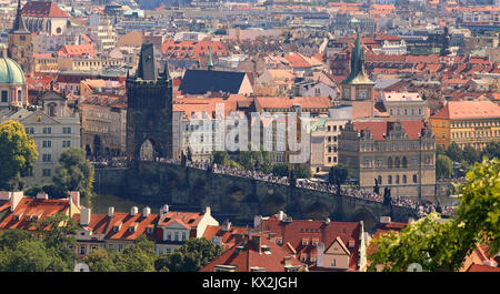 Prague, Czech Republic - August 24, 2016: Panoramic view with Charles Bridge over Vltava river Stock Photo