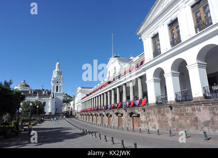 Carondelet Palace, Palacio de Carondelet, which houses government offices and presidential quarters and Quito Cathedral, Catedral Metropolitana de Qui Stock Photo