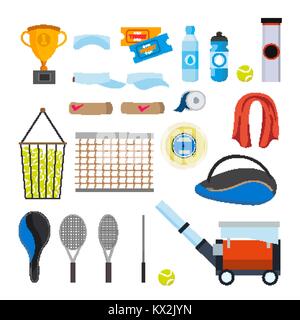 Tennis Icons Set Vector. Tennis Accessories. Yellow Ball, Racket, Net, Pouch. Isolated Flat Cartoon Illustration Stock Vector