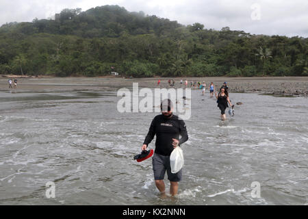 Tourist wading in ocean to boat view from ocean Corcovado national Park Osa Peninsula Costa Rica Stock Photo