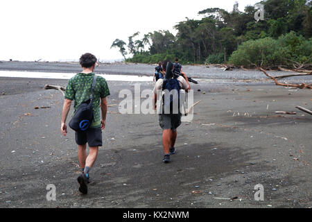 Hiker crossing river Osa Peninsula Costa Rica beach primary rain forest. Tropical Jungle tree Stock Photo