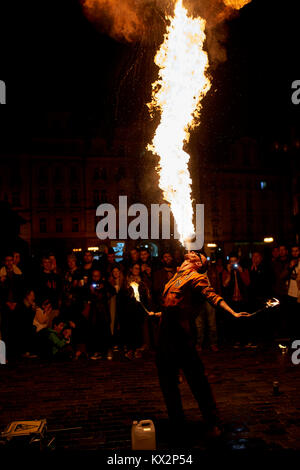 Fire Eater, street artist on Old Town Square Prague Stock Photo