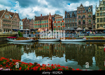 River Leie and Graslei, Ghent, Belgium, Europe. Stock Photo