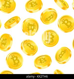 Vector seamless pattern with Bitcoin gold coins in different angles isolated on white background. Digital currency money concept. Symbol of crypto currency, blockchain technology Stock Vector