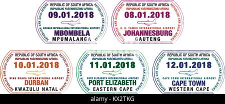 Set of stylized passport stamps for major South African airports in vector format. Stock Vector