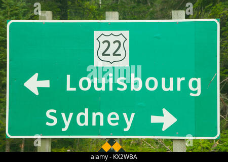 Sydney & Louisbourg Road Sign - Nova Scotia - Canada Stock Photo