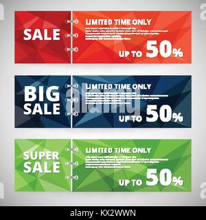 Vector sale discount banners set with polygonal abstract triangles. polygonal low poly. Red, Blue Green colors. Stock Vector