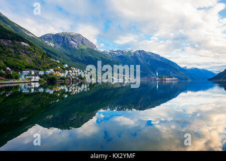 Odda is a town in Odda municipality in Hordaland county, Hardanger district in Norway. Located near Trolltunga rock formation. Stock Photo