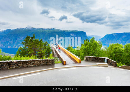 Stegastein Lookout is a viewpoint platform near the Flam village. Flam located at Aurlandsfjord, branch of Sognefjord, Norway. Stock Photo