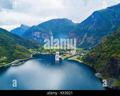 Flam is a village in Flamsdalen, at the Aurlandsfjord a branch of Sognefjord, municipality of Aurland, Norway. Stock Photo